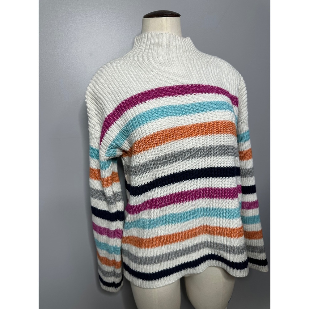 St Johns Bay Petite Mock Neck Striped Sweater White Multi Color PM Ribbed Knit